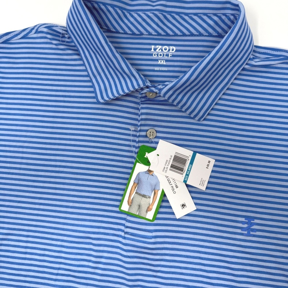 IZOD Golf Mens XXL‎ Placid Blue Striped Performance Short Sleeve Polo Shirt NEW